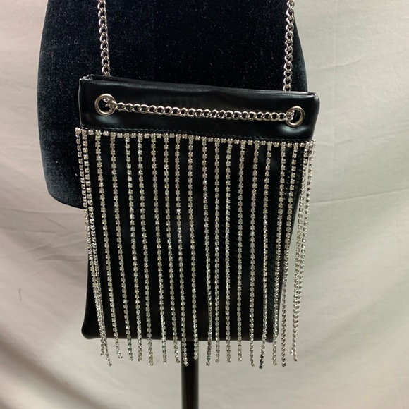 Black Shiny Glitter Bling Rhinestone Vegan Leather Shoulder Bag - Picture 7 of 9